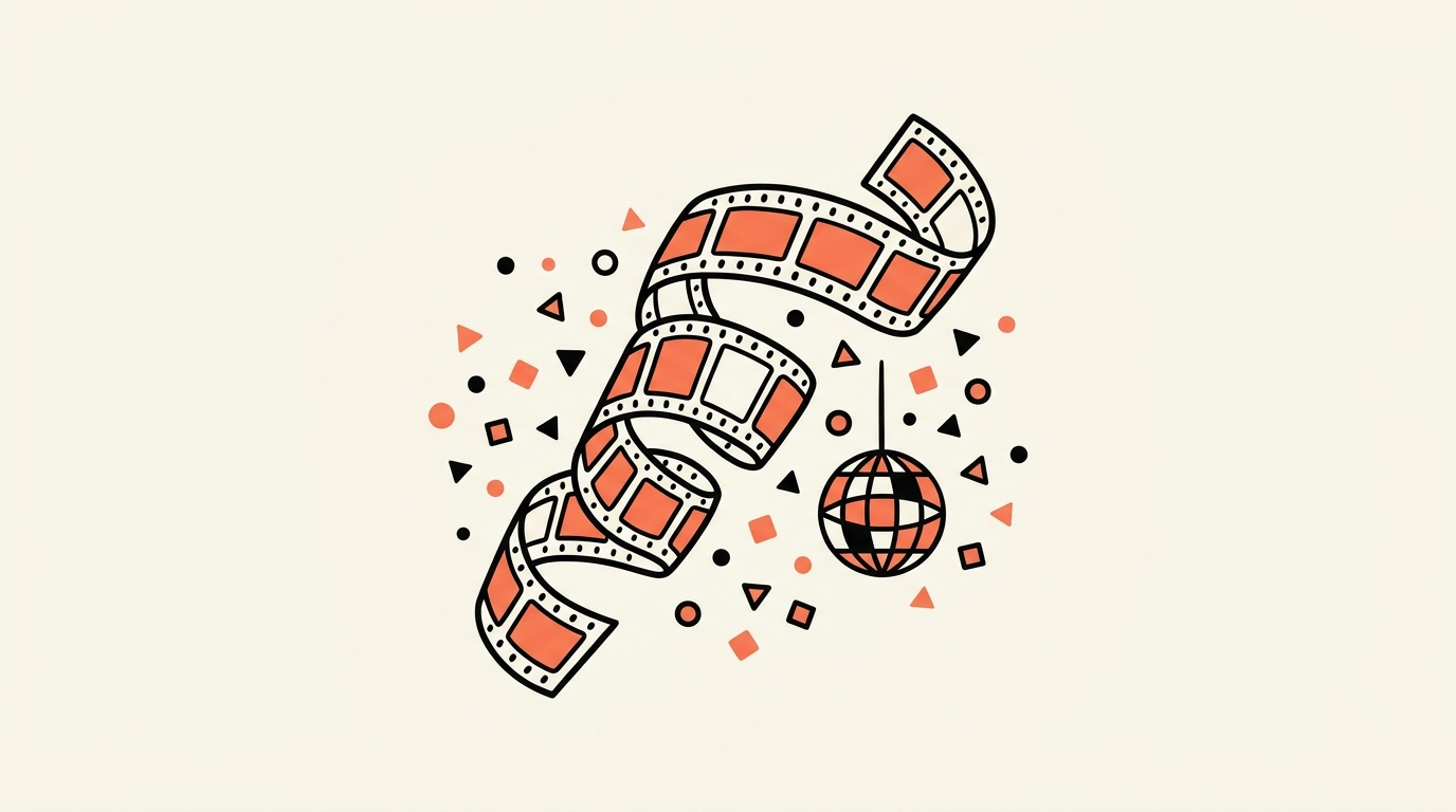 Illustratie van een filmstrip die als slinger door confetti en een discobal krult, over een aftermovie laten maken