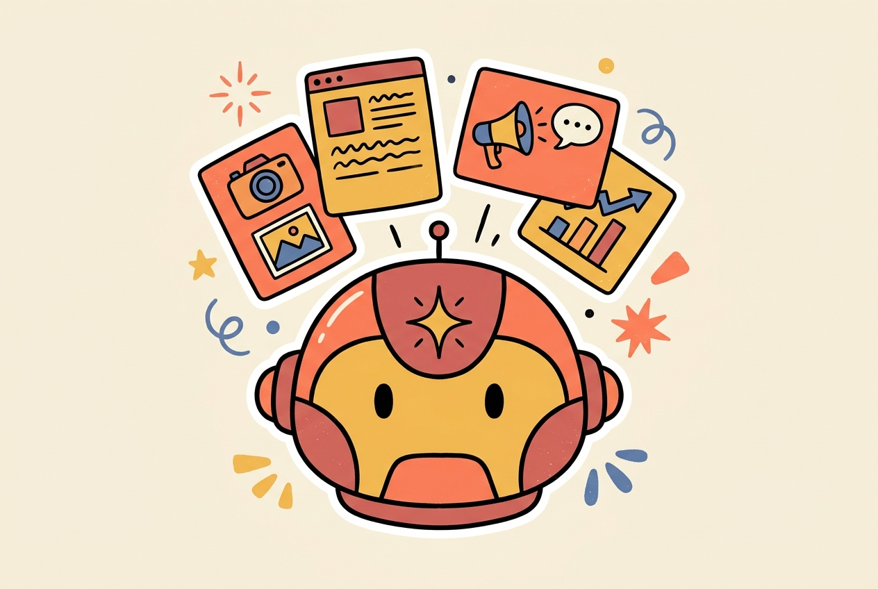 Illustratie van een vriendelijke robot die content kaartjes maakt, over AI in marketing