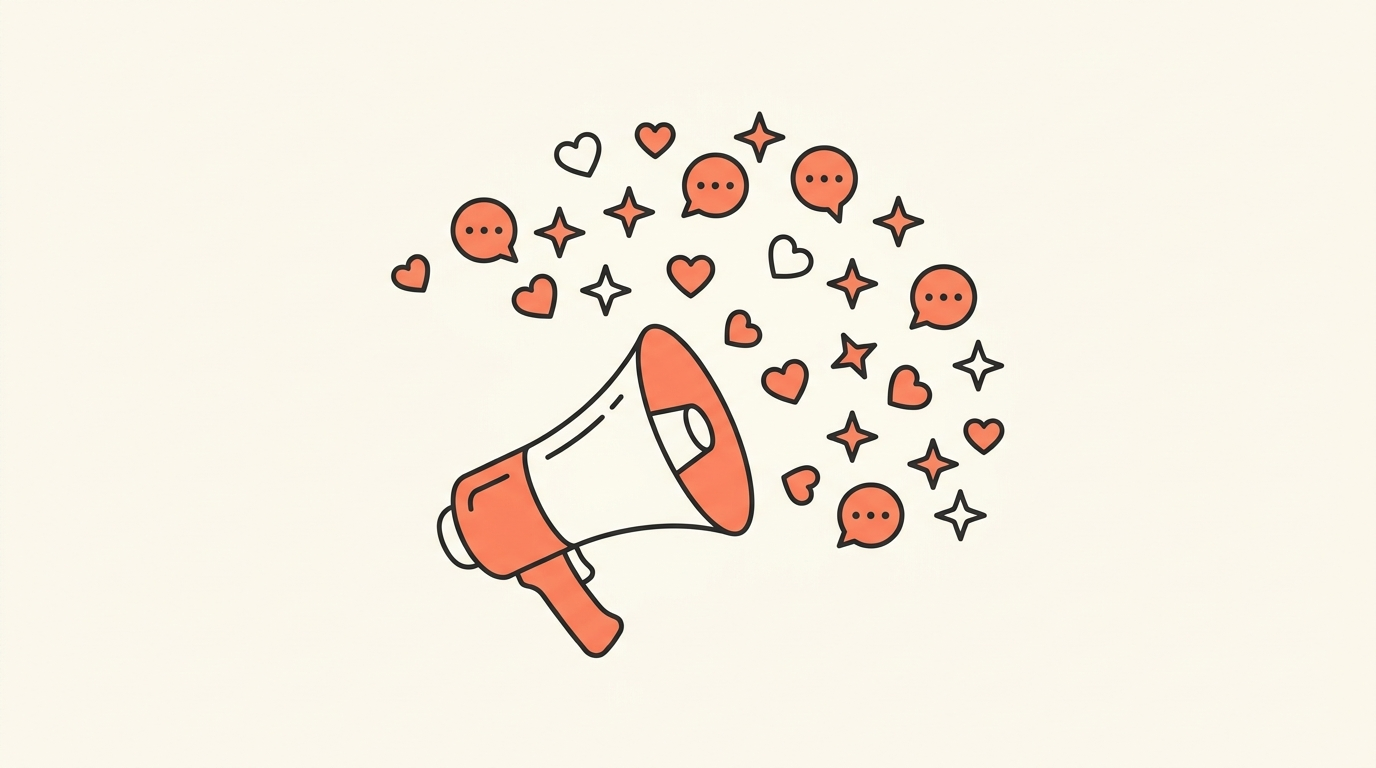 Illustratie van een megafoon met hartjes, sterren en tekstballonnen, over tevreden klanten die ambassadeurs worden op social media