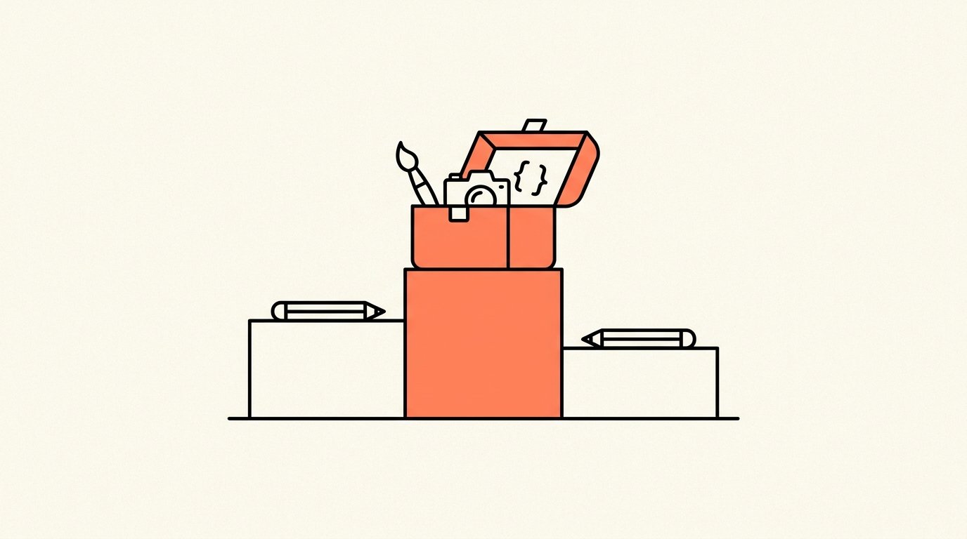 Illustratie van een podium met op de hoogste tree een gereedschapskist vol creatieve gereedschappen, over de beste design abonnementen van Nederland