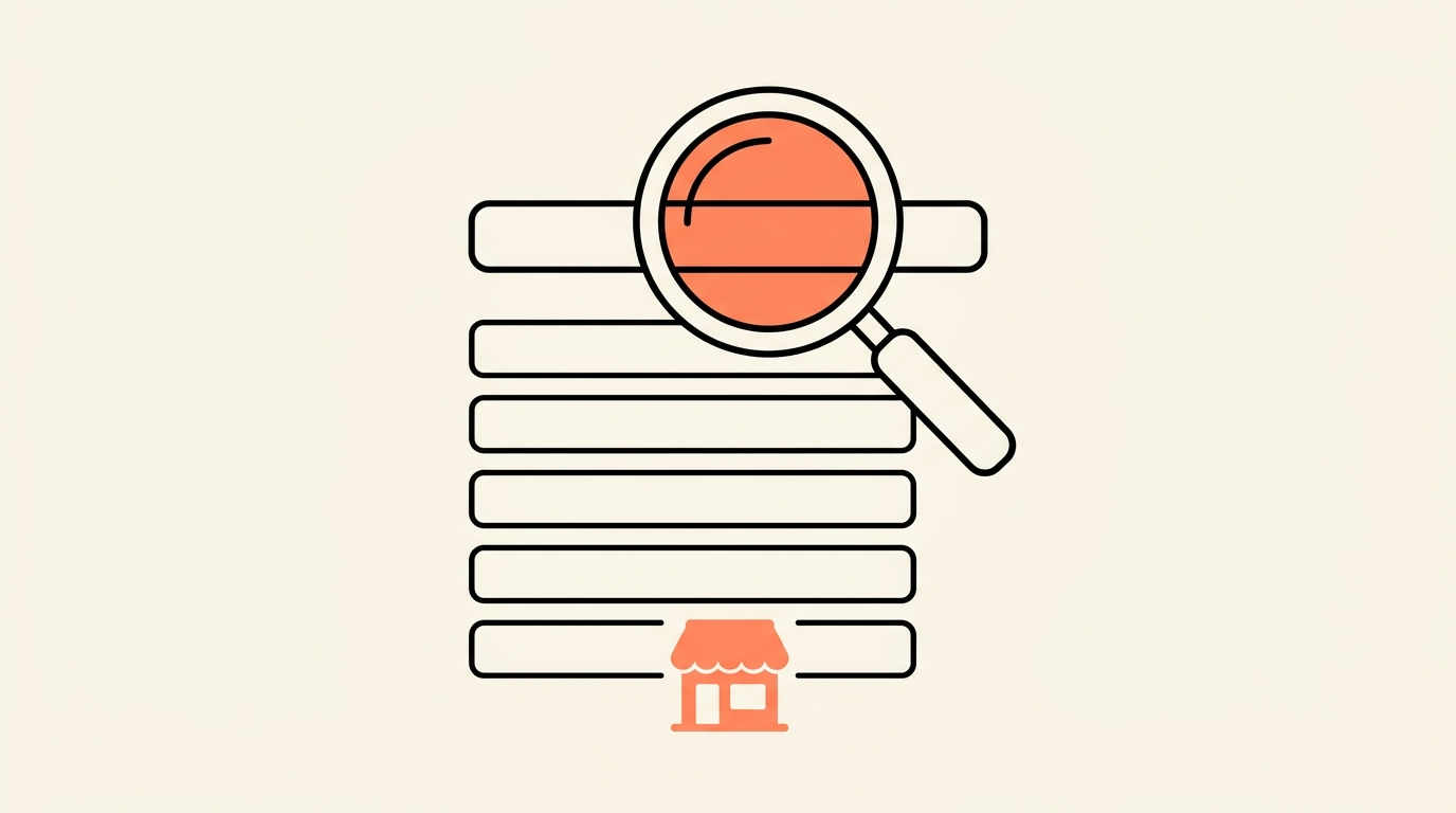 Illustratie van een vergrootglas boven een zoekbalk met een lijst resultaten en een klein winkeltje onderaan de lijst, over gevonden worden in Google