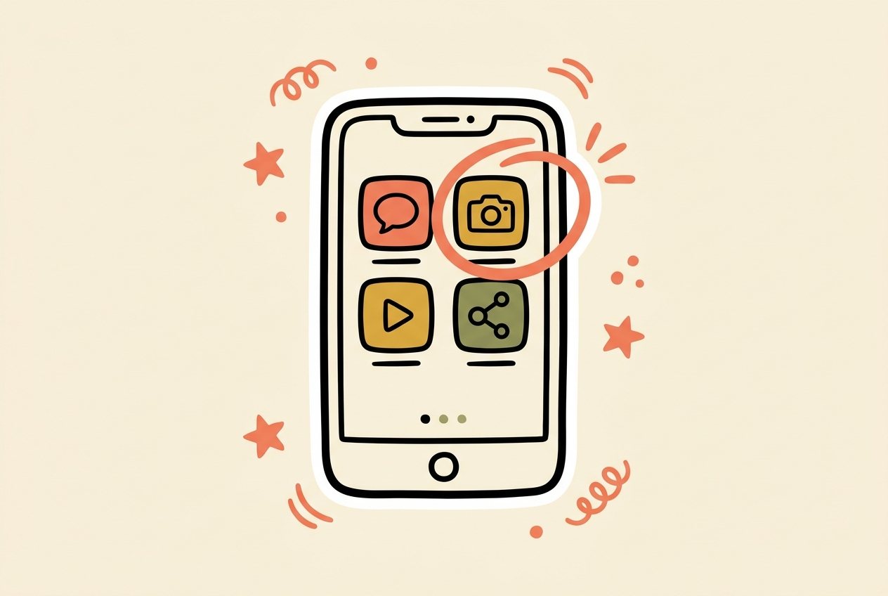 Illustratie van een telefoon met verschillende social media apps, waarvan er één gekozen is