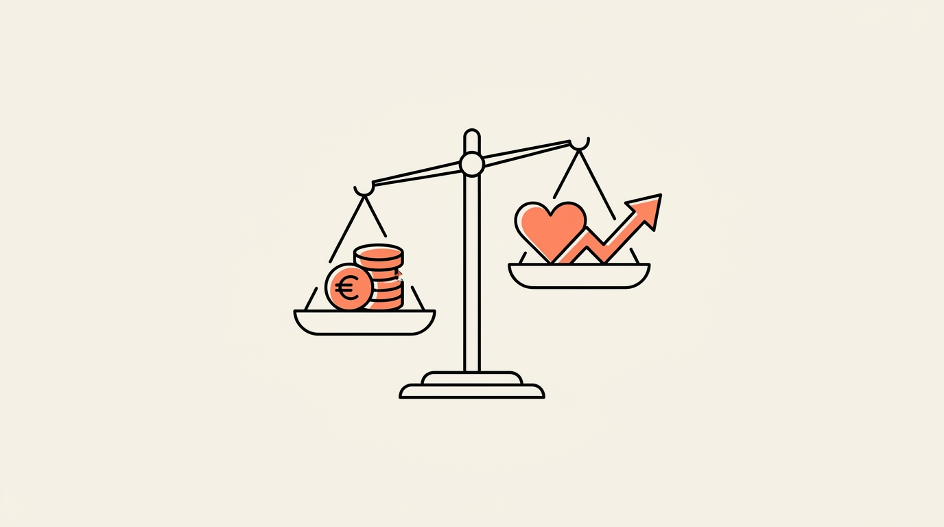 Illustratie van een weegschaal met euromunten tegenover een hartje en een groeipijl, over de kosten en waarde van social media marketing