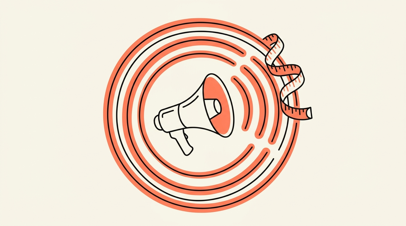 Illustratie van een megafoon met geluidsringen eromheen en een meetlint, over naamsbekendheid vergroten
