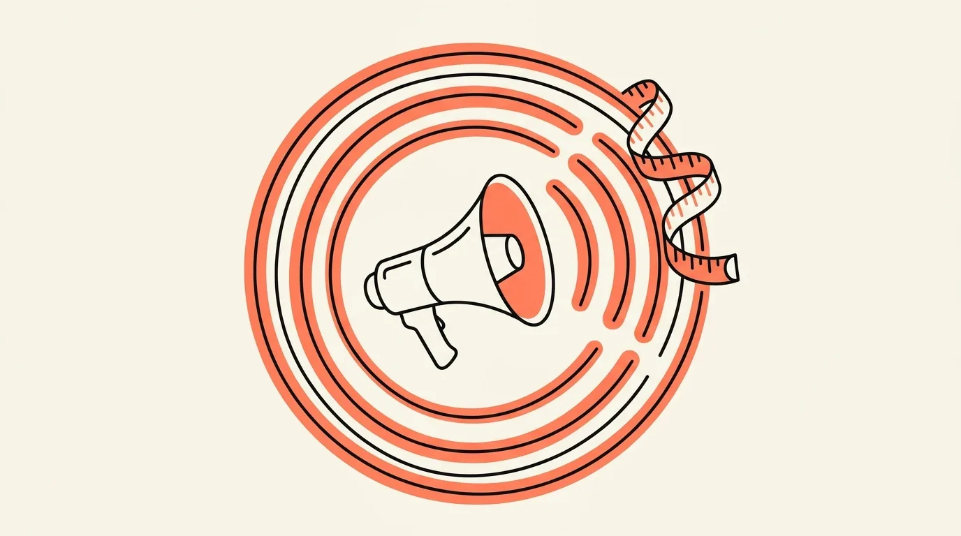 Illustratie van een megafoon met geluidsringen eromheen en een meetlint, over naamsbekendheid vergroten
