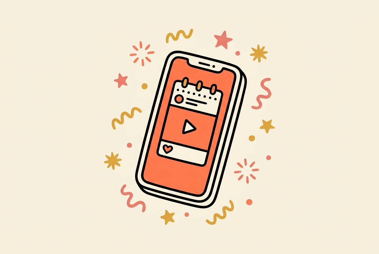 Illustratie van een telefoon met een social post, kalenderdagen en een hartje, over postritme