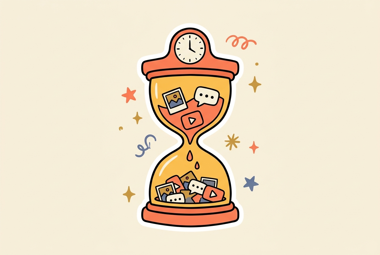 Illustratie van een zandloper met content vormen en een klok, over tijd voor social media