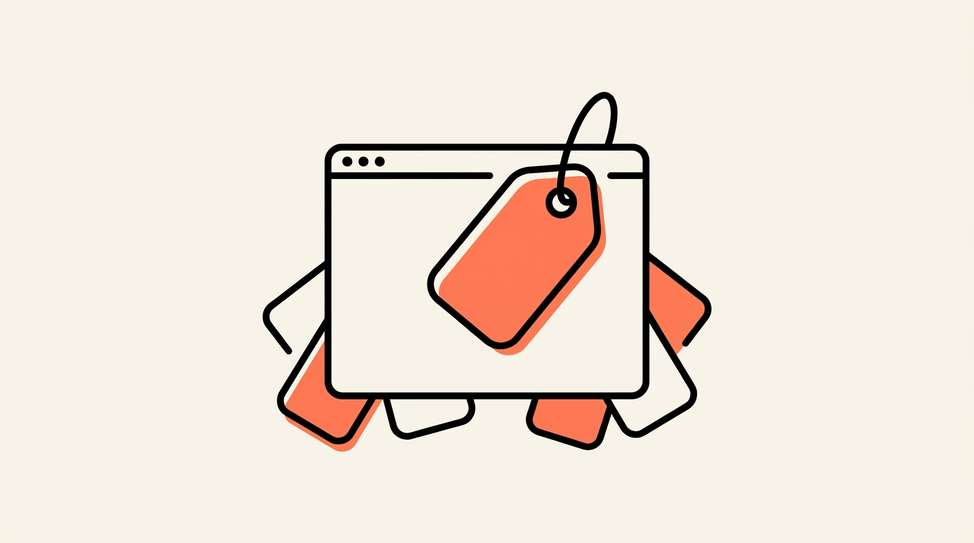 Illustratie van een browservenster met een groot prijskaartje en kleinere prijskaartjes die erachter vandaan komen, over de verborgen kosten van een website