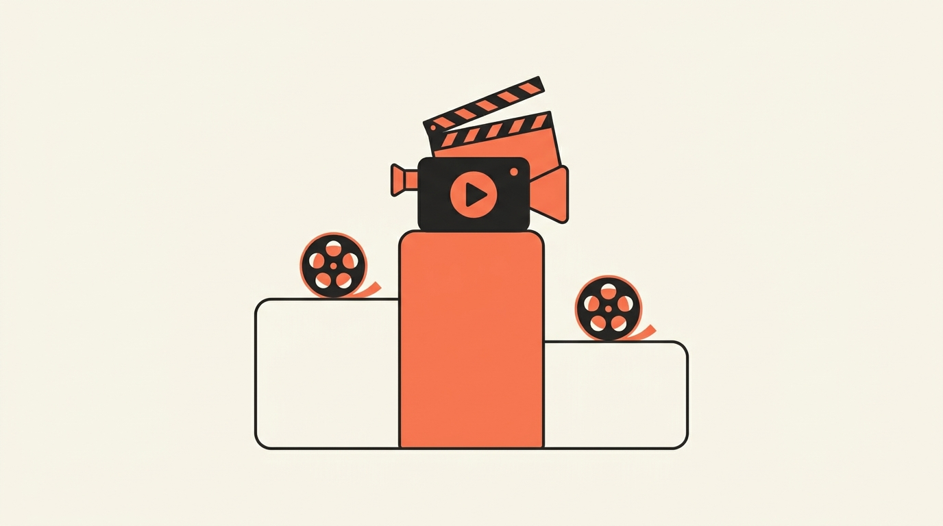 Illustratie van een podium met op de hoogste tree een videocamera met afspeelknop, over de beste video abonnementen van Nederland