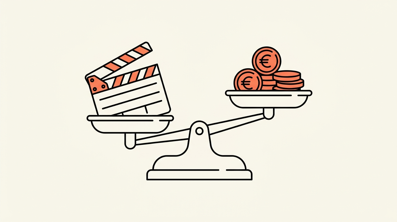 Illustratie van een filmklapper op een weegschaal tegenover een stapel euromunten, over de beste video marketing bureaus van Nederland