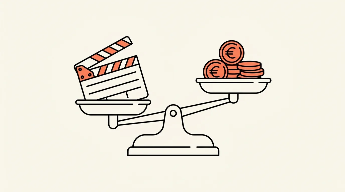 Illustratie van een filmklapper op een weegschaal tegenover een stapel euromunten, over de beste video marketing bureaus van Nederland