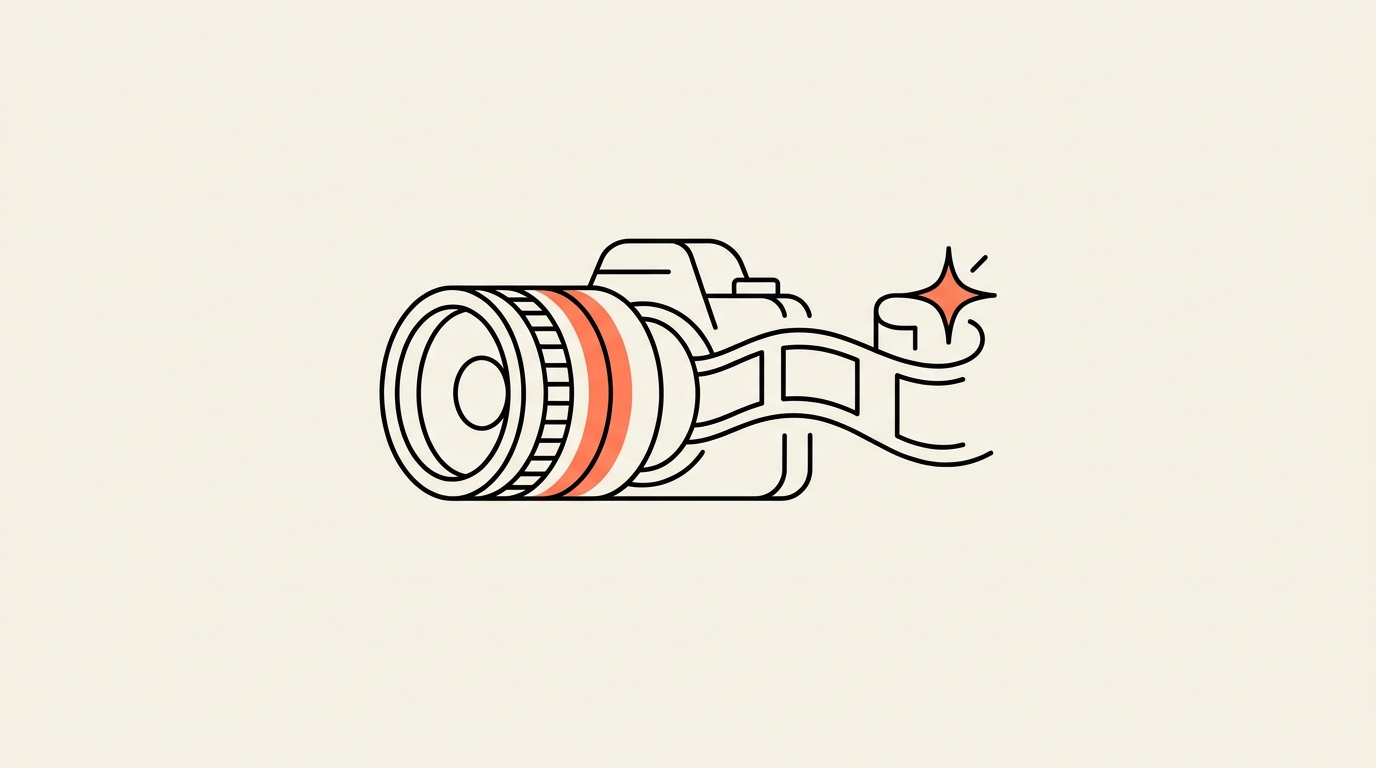 Illustratie van een camera waar een filmstrip met een glinstering uit loopt, over videoproductie trends voor 2027