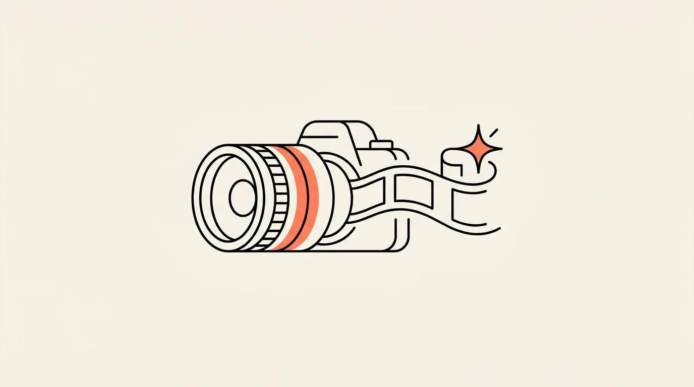 Illustratie van een camera waar een filmstrip met een glinstering uit loopt, over videoproductie trends voor 2027