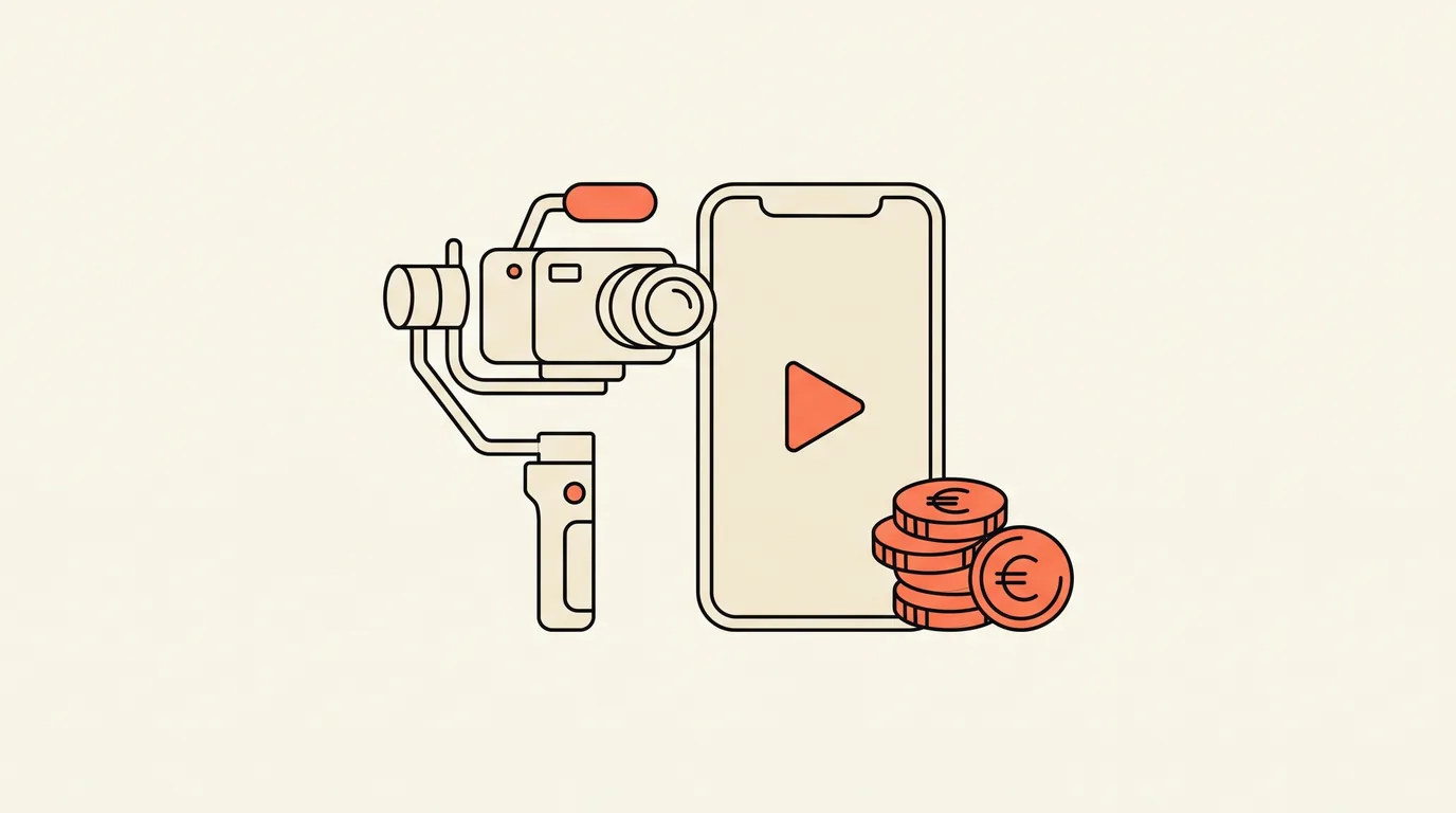 Illustratie van een camera op een gimbal naast een telefoon met afspeelknop en een stapel munten, over een videograaf inhuren voor social media