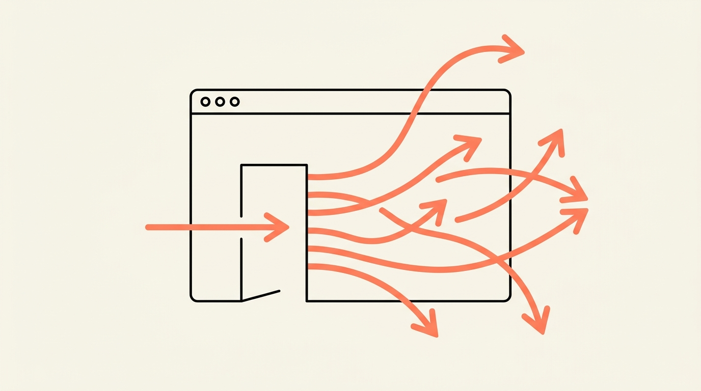 Illustratie van een browservenster waar veel pijlen langs stromen en maar één pijl naar binnen gaat, over een website die geen klanten oplevert