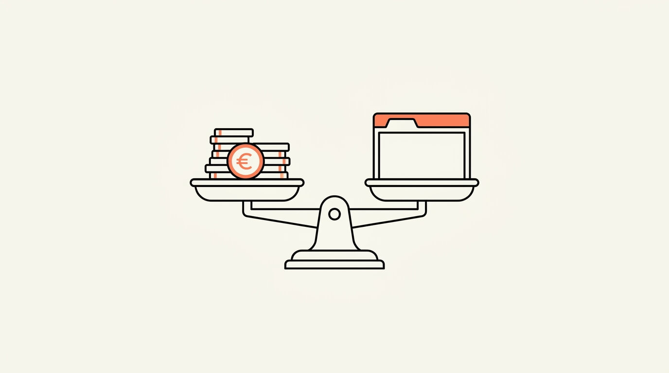 Illustratie van een weegschaal met euromunten tegenover een browservenster, over de kosten van een website laten maken