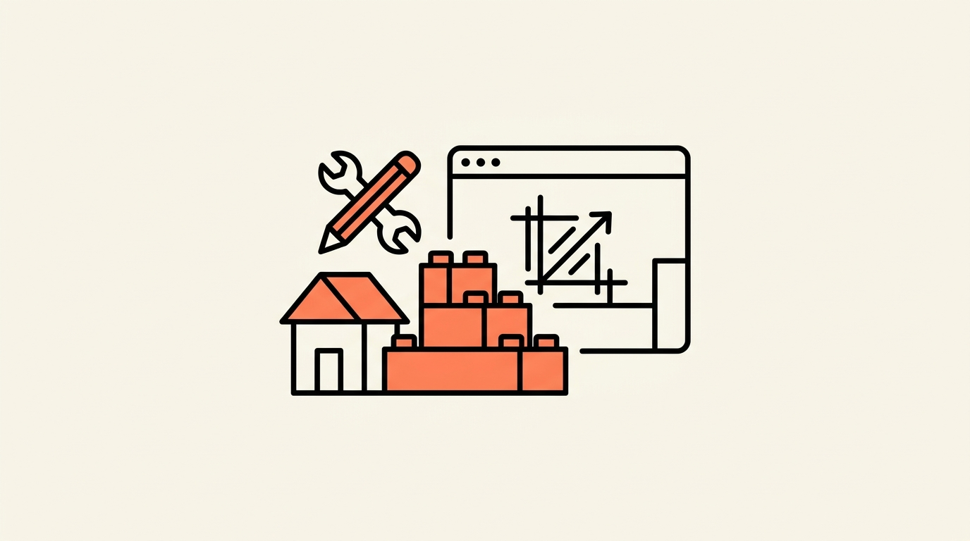Illustratie van bouwblokken en gereedschap naast een browservenster in aanbouw, over de keuze tussen WordPress, Wix en maatwerk
