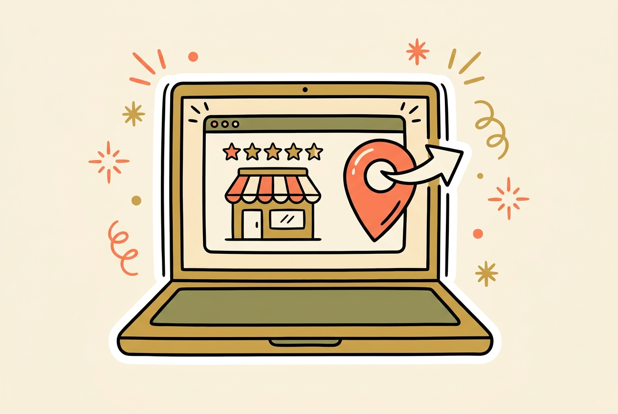 Illustratie van een laptop met een zoekresultaat van een winkel met sterren en een locatiepin