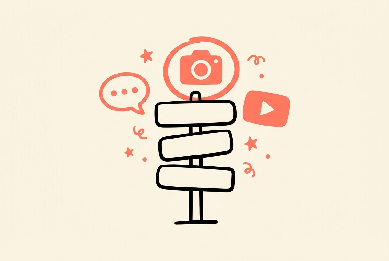 Illustratie van een wegwijzer met social media symbolen, waarvan er één gekozen is