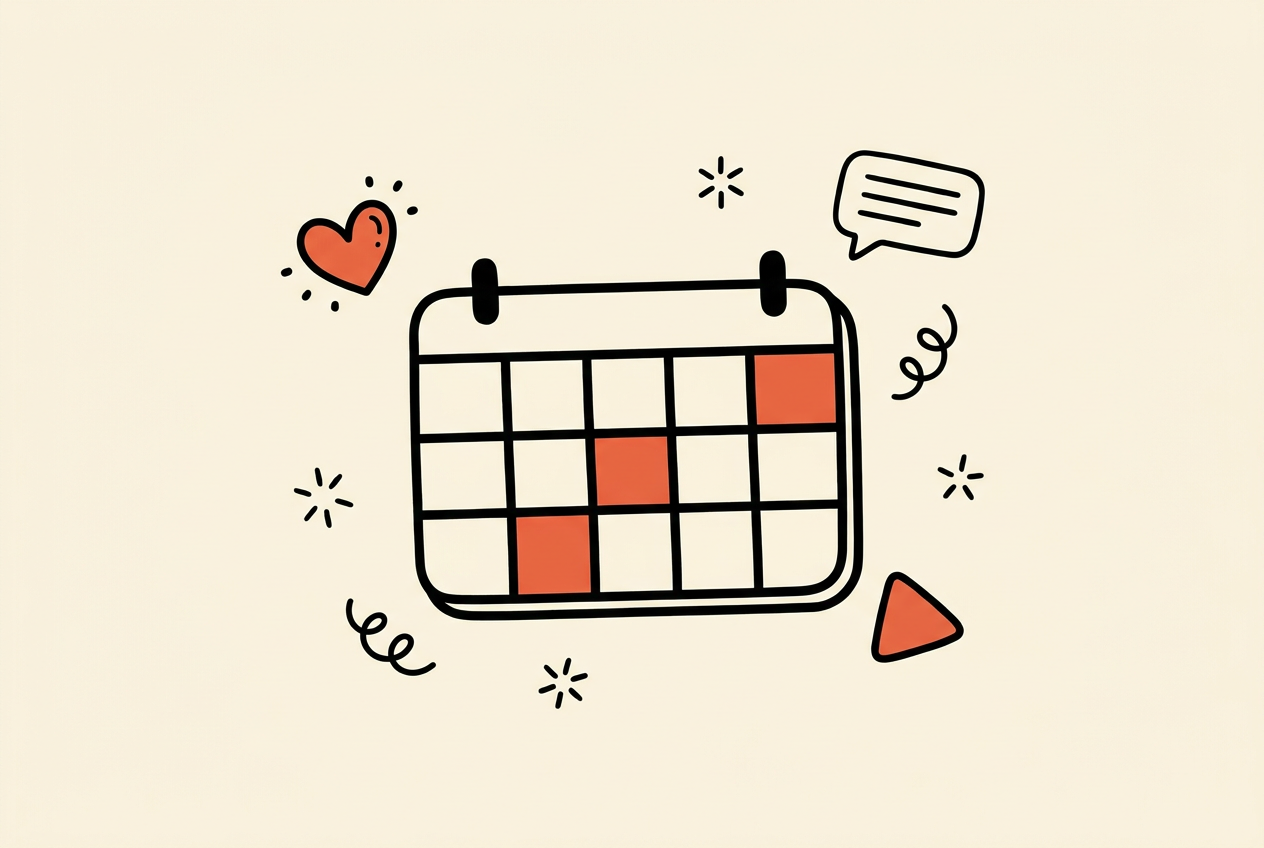 Illustratie van een weekkalender met een paar gemarkeerde postdagen en losse content vormen eromheen