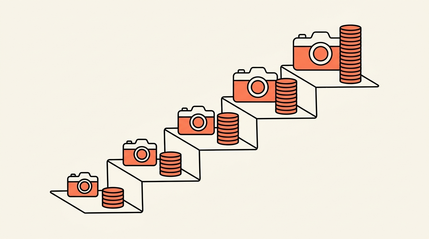 Illustratie van een oplopende trap met per trede een grotere camera en een hogere stapel munten
