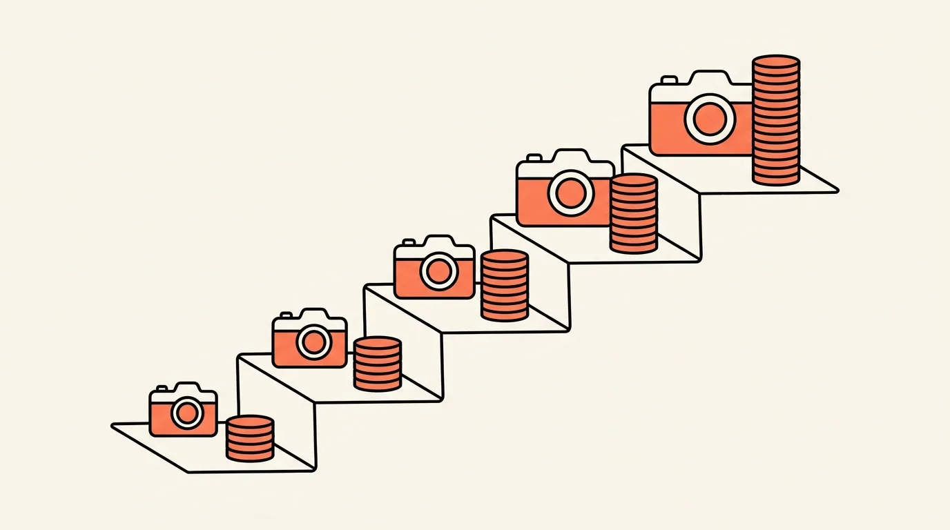 Illustratie van een oplopende trap met per trede een grotere camera en een hogere stapel munten
