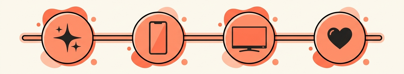 Illustratie van een tijdlijn met vier rondjes, met daarin een glinstering, een verticaal telefoonscherm, een televisiescherm en een hartje