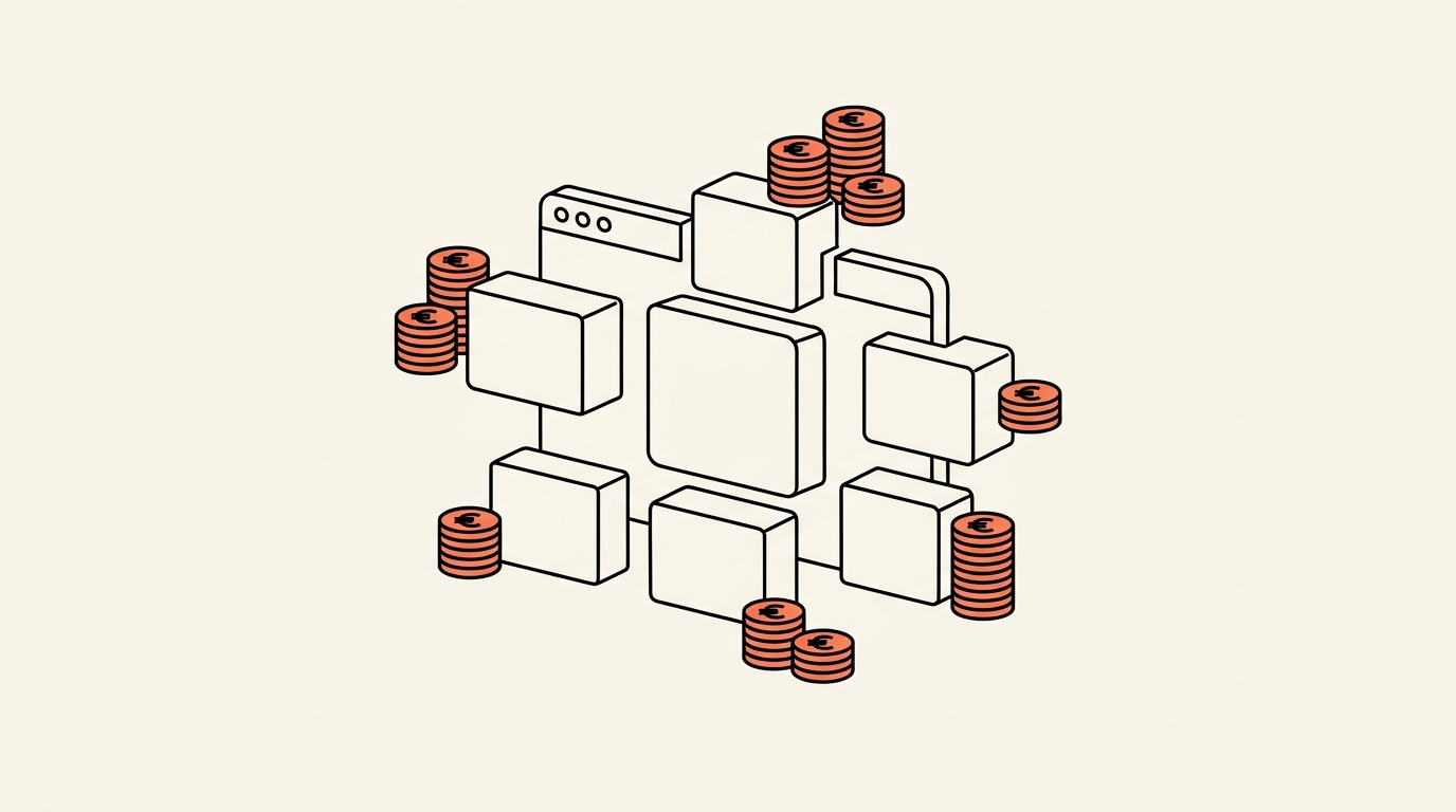 Illustratie van een browservenster dat wordt opgebouwd uit losse blokken met stapeltjes euromunten ernaast