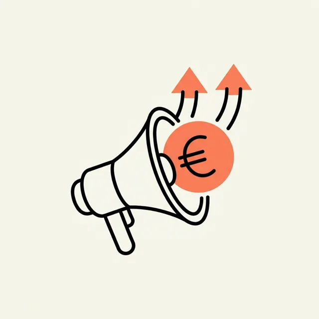 Illustratie van een megafoon met een euromunt en pijlen omhoog