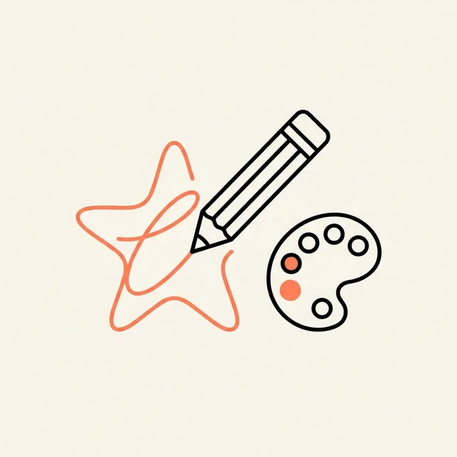Illustratie van een potlood dat een sterlogo tekent naast een kleurenpalet