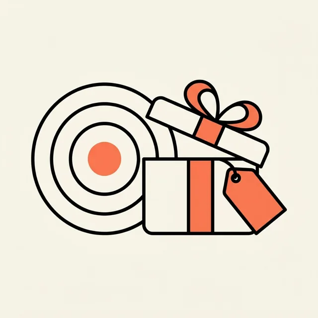 Illustratie van een doelwit naast een open cadeaudoos met een prijskaartje