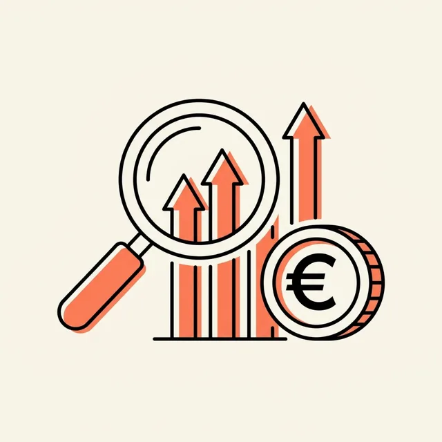 Illustratie van een vergrootglas boven een stijgende grafiek met een euromunt