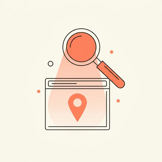 Illustratie van een vergrootglas boven een browservenster met een locatiepin