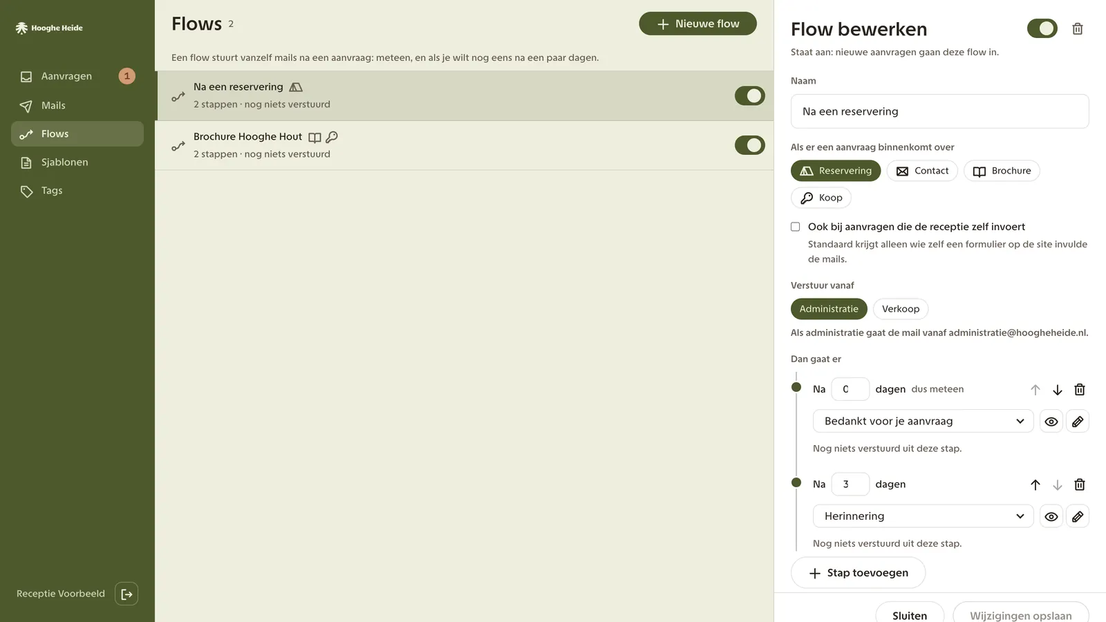 Een mailflow in het dashboard van Camping De Hooghe Heide met twee stappen