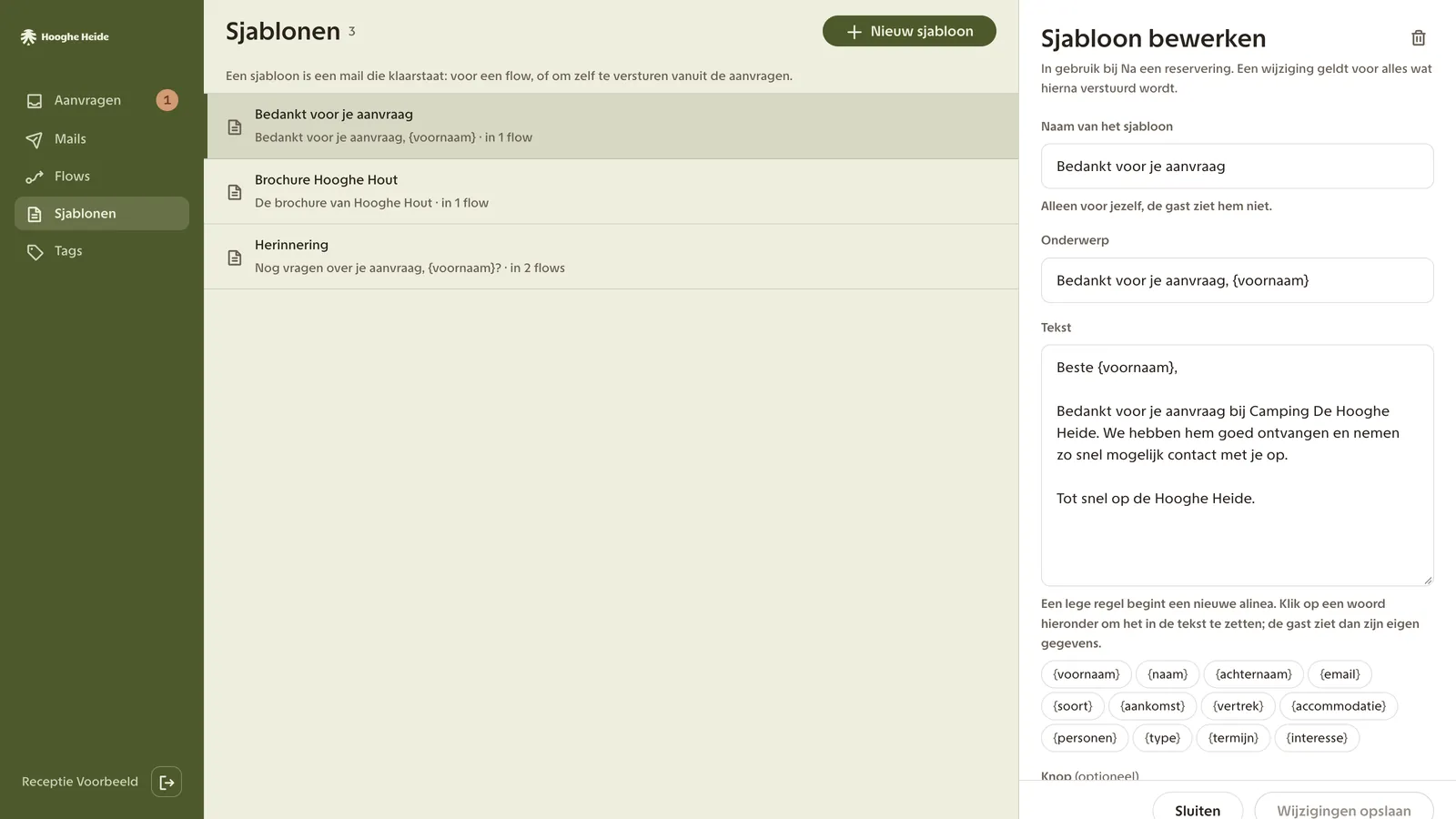 Mailsjablonen bewerken in het dashboard van Camping De Hooghe Heide
