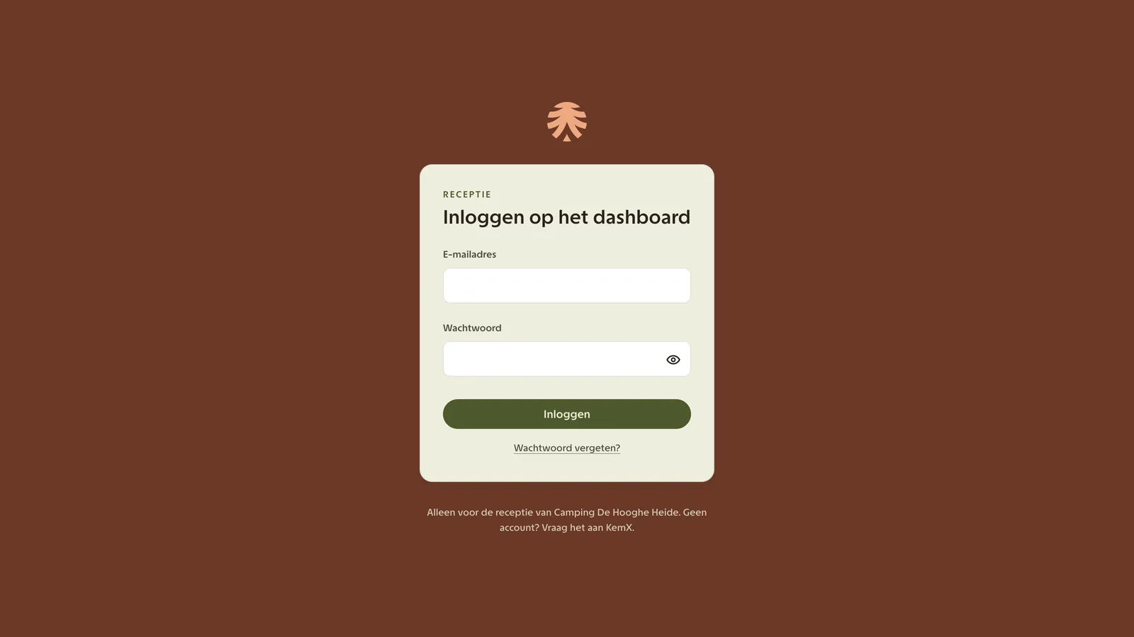 Het inlogscherm van het receptiedashboard van Camping De Hooghe Heide