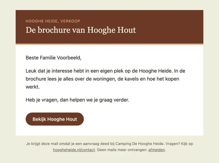 Brochuremail van Hooghe Hout aan een voorbeeldgast, in de bruine verkoopstijl