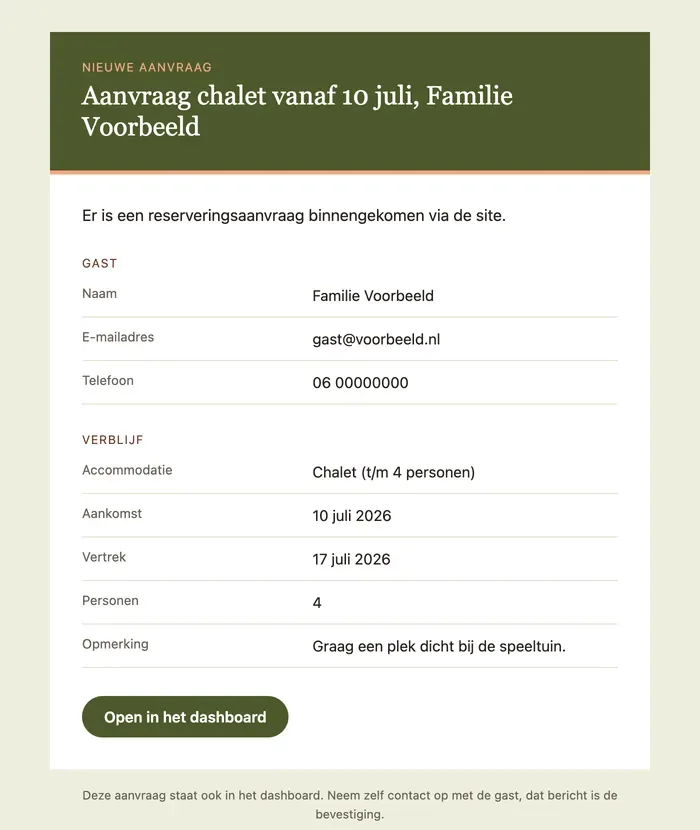 Melding aan de receptie van Camping De Hooghe Heide over een nieuwe voorbeeldaanvraag