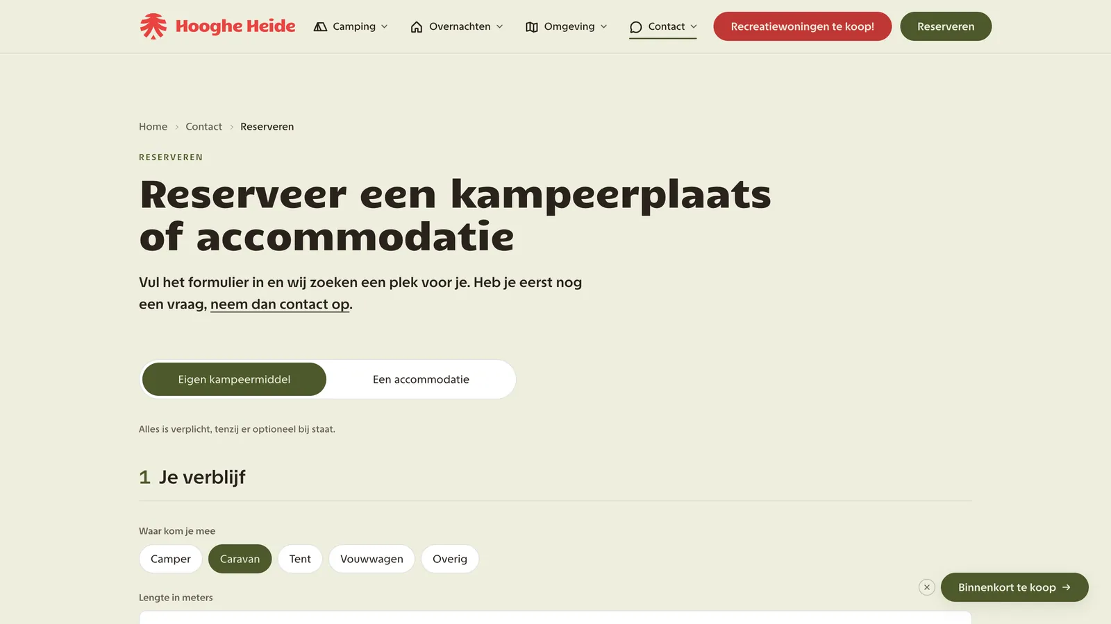 Het reserveerformulier op hoogheheide.nl voor een kampeerplaats of accommodatie