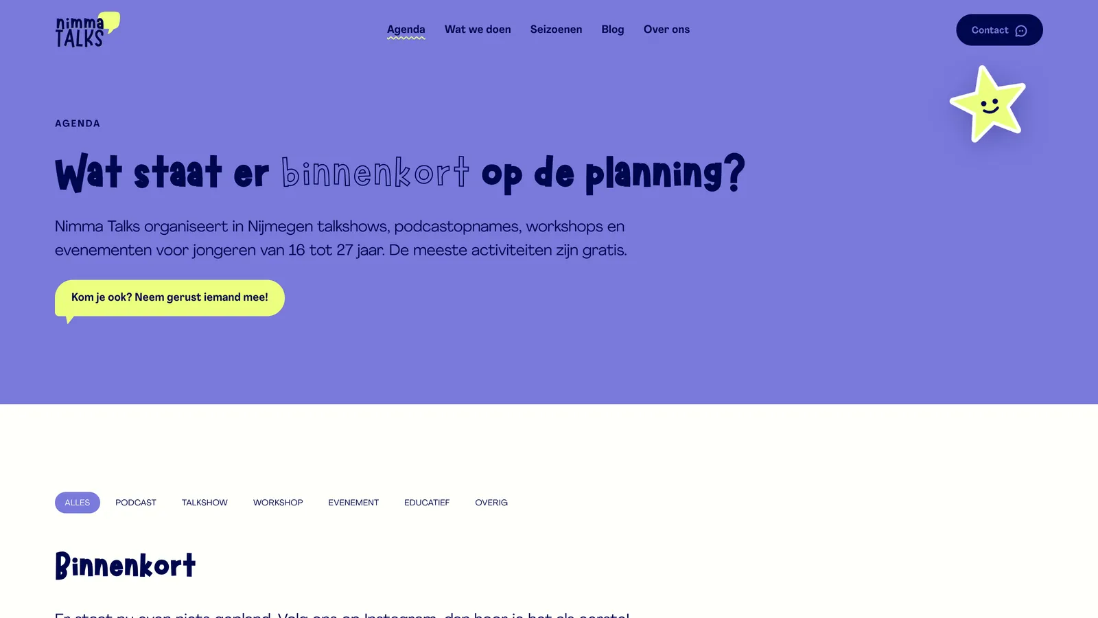 De agenda van Nimma Talks met komende evenementen, ontworpen en gebouwd door KemX