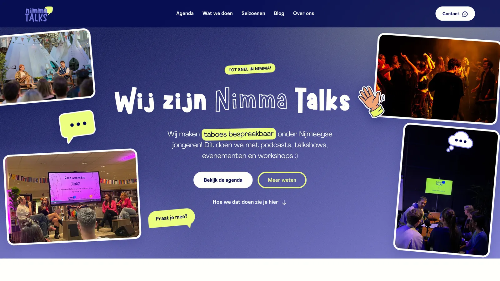Homepage van Nimma Talks met de kop wij zijn Nimma Talks, ontworpen en gebouwd door KemX