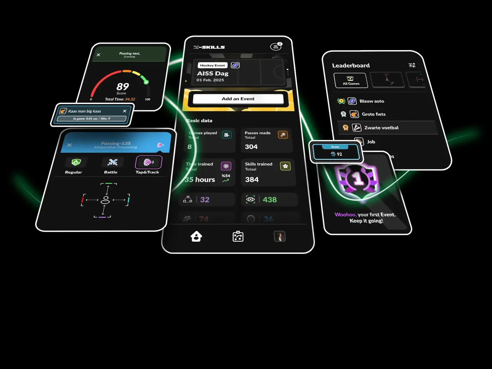 Schermen van de X-Skills app met scores, een leaderboard en trainingsdata, ontworpen door KemX
