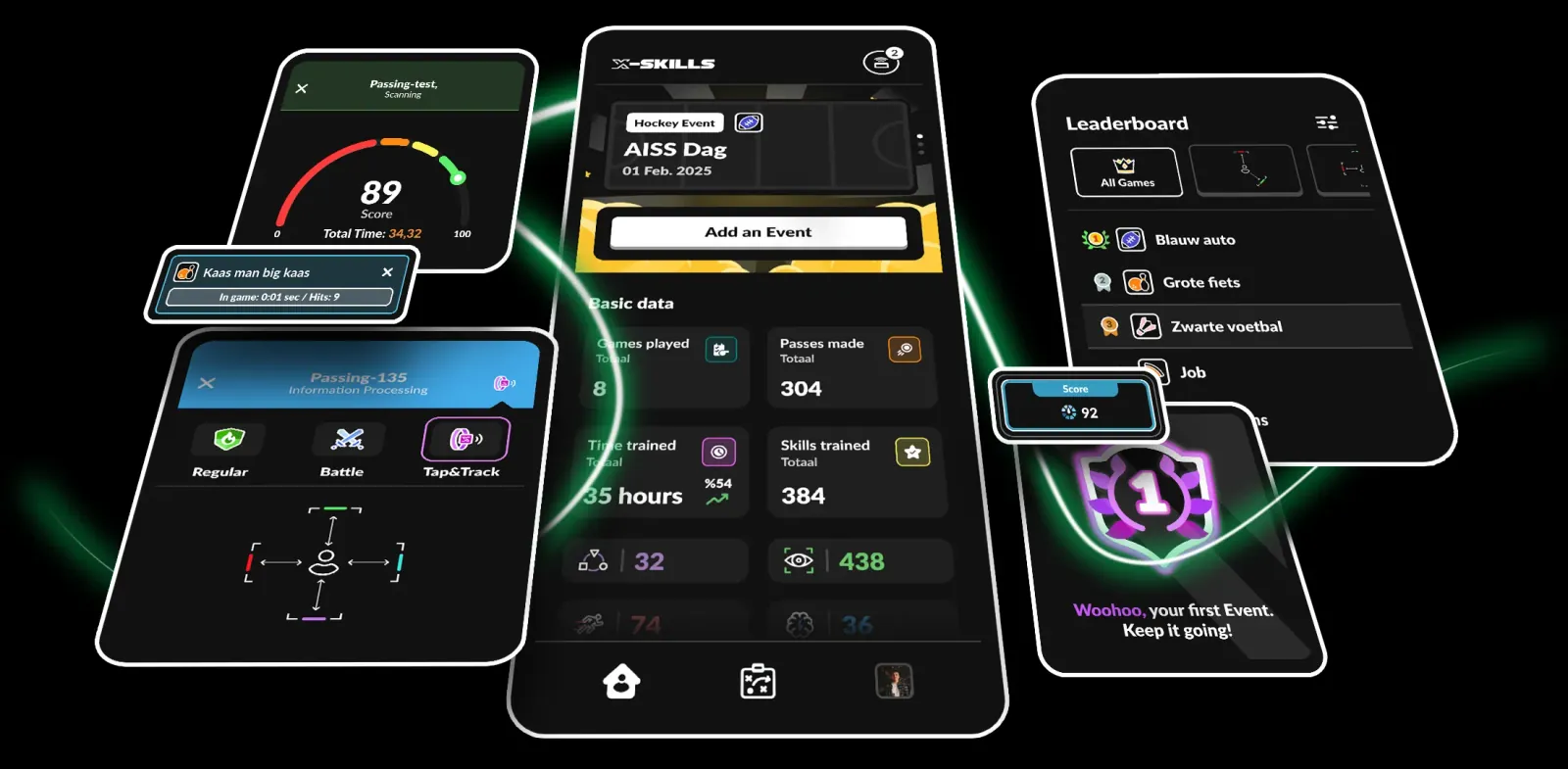 Meerdere schermen uit de X-Skills app: events, statistieken, leaderboard en een badge