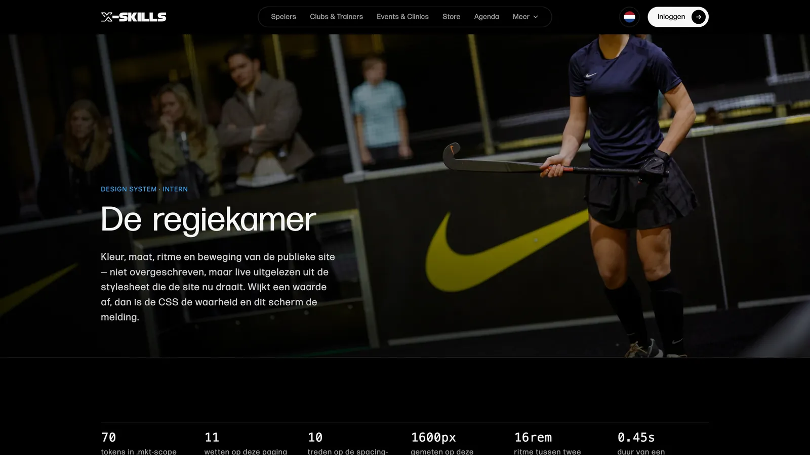 De design system pagina van X-Skills met kleuren, maten en ritme van de site